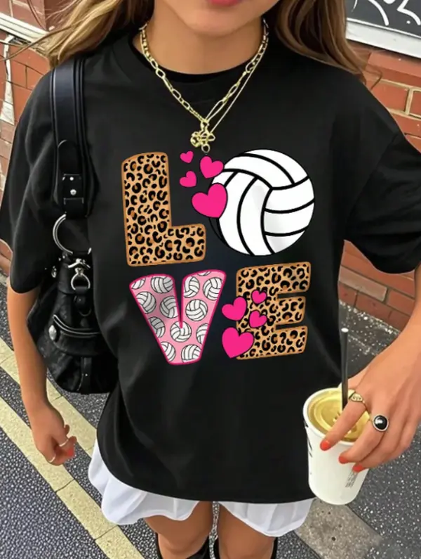 Must Have Girly Sport Vibe Women’s Loose Cotton Tee Leopard LOVE Volleyball Pink Heart Casual Print Suitable For Team Activity Weekend Leisure Comfort Oversized Summer Short Sleeve