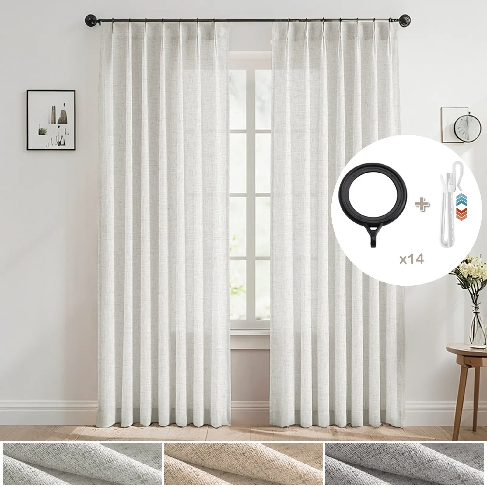 BTTO 2-Panel Curtains   Pinch Pleated Linen Pattern Sheer Curtains, 100% Polyester Fiber, 40in Width, Elegant Pleating Design, Light Filtering, Privacy Drapes with Hooks & Rings Curtains for Bedroom