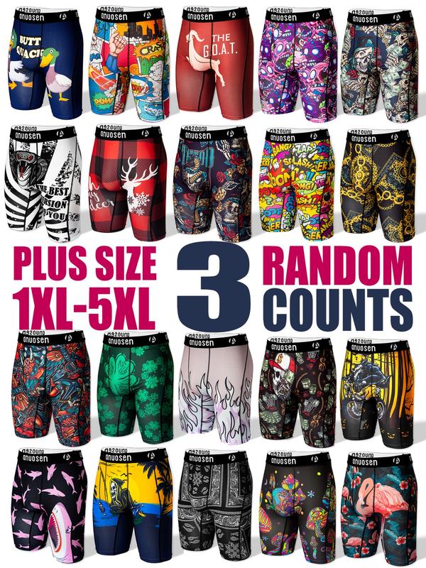 Random Plus Size 3pcs Men's Long Boxer Shorts, Casual Stretch Fit 1xl-5xl, Fun Patterns Including Cartoon, Stripes & Animal