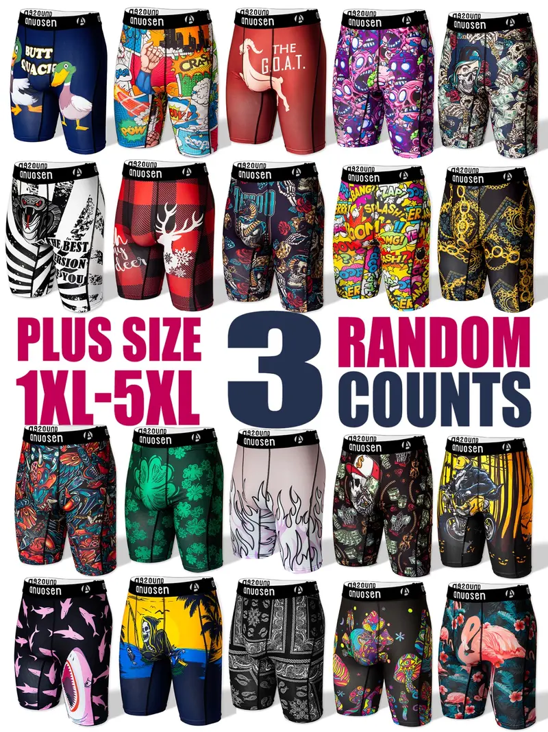 Random Plus Size 3pcs Men's Long Boxer Shorts, Casual Stretch Fit 1xl-5xl, Fun Patterns Including Cartoon, Stripes & Animal