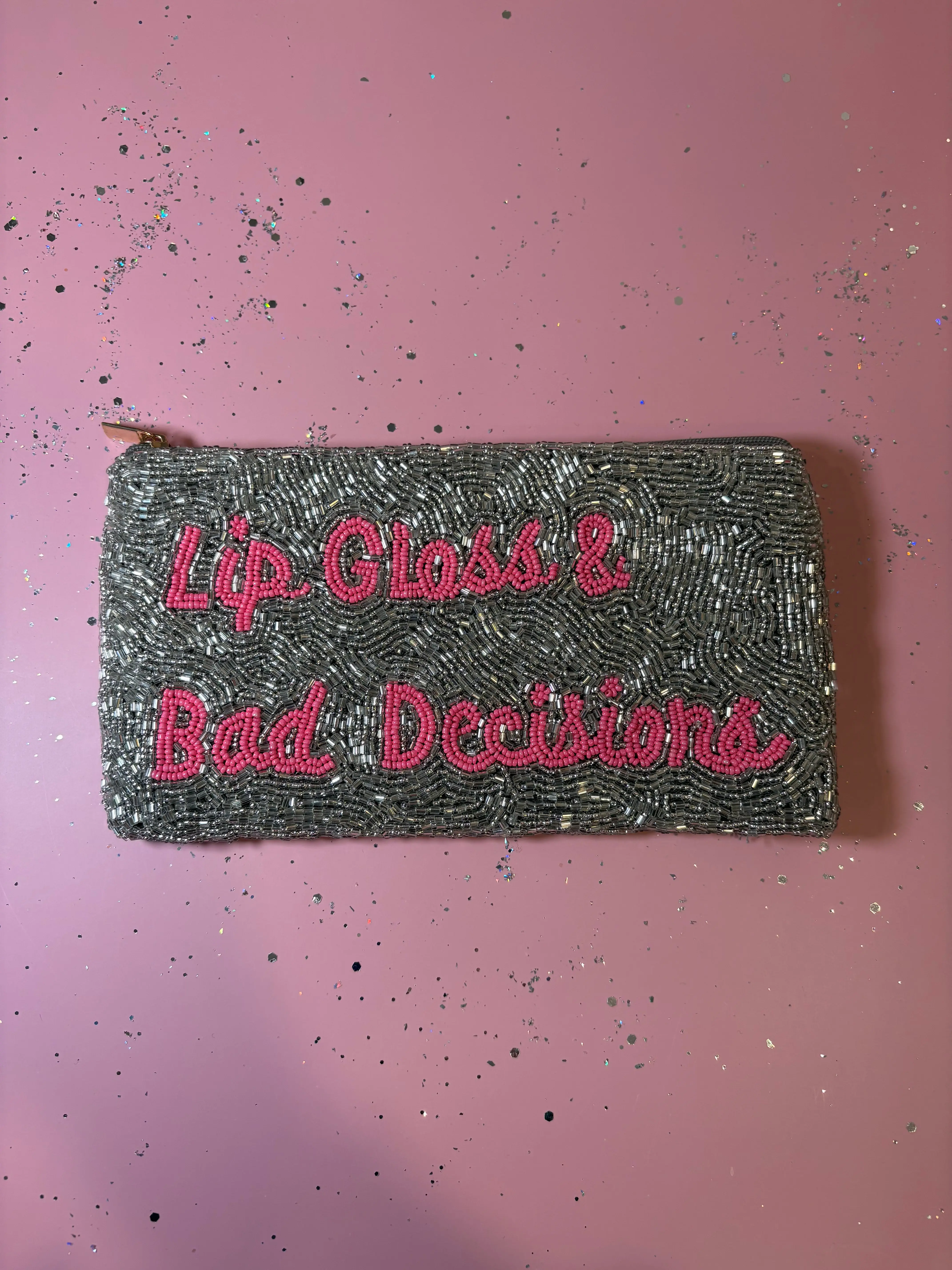 Lip Gloss & Bad Decisions - Large Beaded Pouch