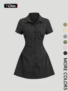 Women Vertical Stripe Short Sleeve Shirt Dress, Chic Retro Ruched Waist Button Down Mini Dress, Womenswear