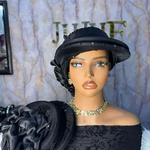 Elegant Black Hat with Floral Design and Rhinestones, Perfect for Special Occasions