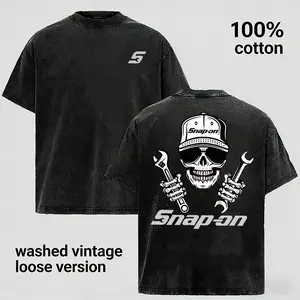 Vintage Washed Skull Mechanic Graphic T-Shirt for Men Women, Retro Garage Worker Inspired Streetwear Tee, 100% Cotton Oversized Loose Fit Casual Summer Shirt, Wrench Tool Graphic Top Gift for Husband Boyfriend Dad Mechanics