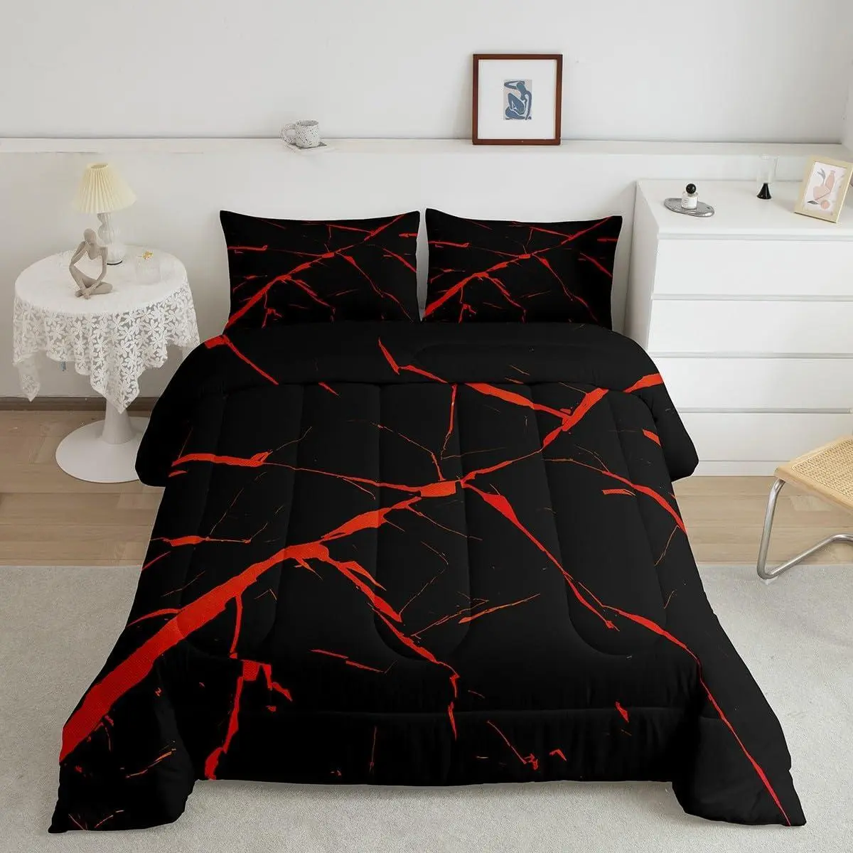 Feelyou Geometric Pattern Bedding Set, Red Black Printed Bedding for Kids, Breathable Marble-Abstract Stripes-Crack Texture Duvet Comforter Quilt Set, Printed Bedding Set,sohochic