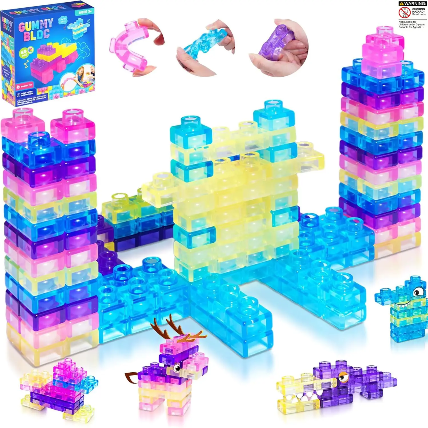 20/40 Counts Sensory Soft Building Blocks for Toddlers, Kids Montessori Squishy Stacking Toy Set,Squeezable & Stretchable Early Learning Construction Playset,Puzzle Blocks for Creative Play, Building Block Sets