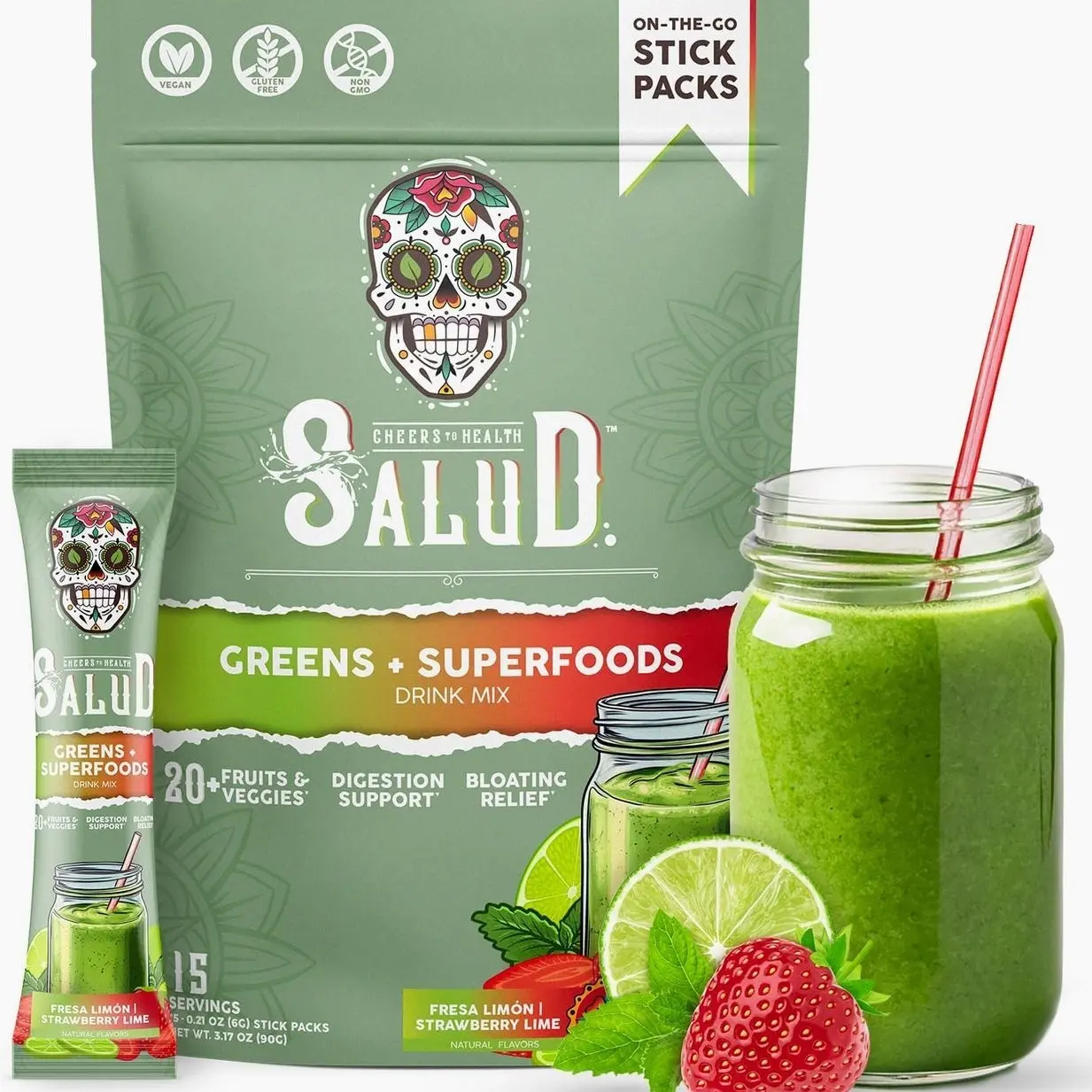 Salud 2-in-1 Greens Powder + Superfood Drink Mix, Strawberry Lime | 20+ Fruits and Veggies, Probiotics, Prebiotics, Supports Digestive Health, Bloating Relief, Vegan (15 Servings)
