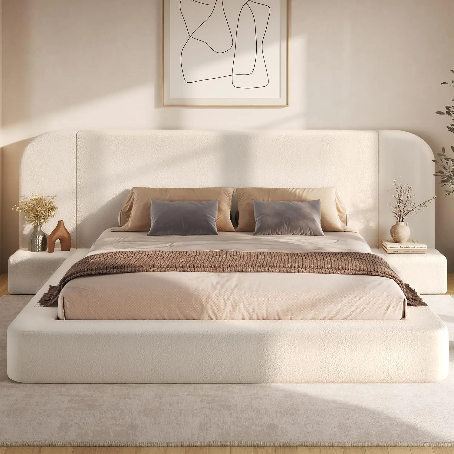 ADORNEVE Modern King Upholstered Cloud Bed Frame with 110" Wide Headboard, Nightstands, 4.9" Fully Cushioned Velvet Fabric, Soft Rounded Corners & Quick Set-Up