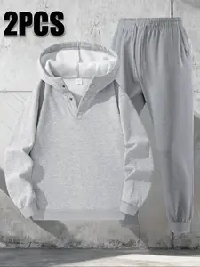 Men's Casual Fleece Set for Fall Winter, Hooded Design, Multiple Colors Available, Ideal for Hiking, Mountain Climbing, Daily Commute, Streetwear Tracksuit Set