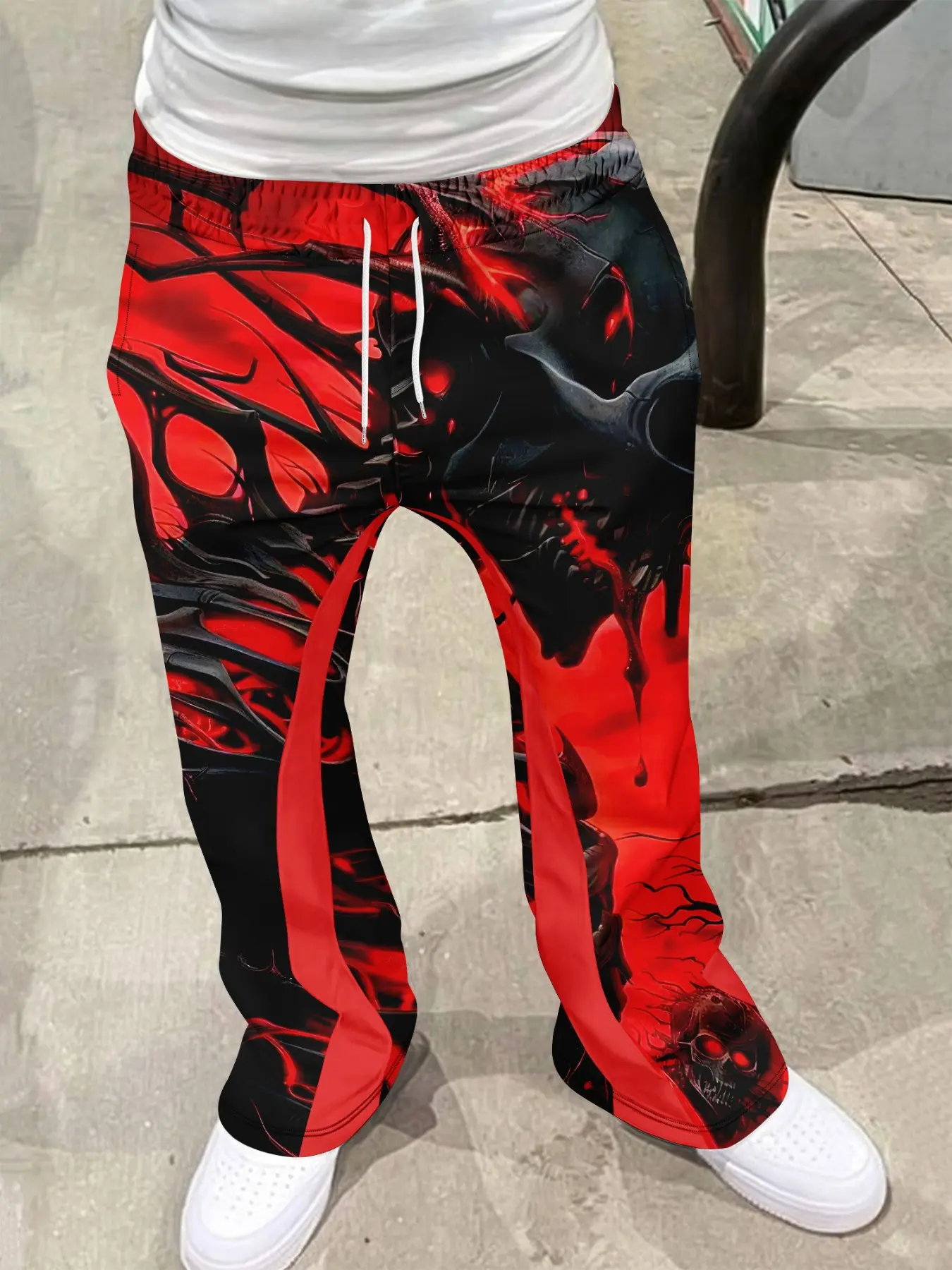 Men's Colorblock Drawstring Waist Flare Pants, Casual Comfortable Long Pants, Skull Print, Cyberpunk Style, Spring Fall Streetwear