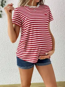Maternity Striped Round Neck Short Sleeve T-Shirt For Summer