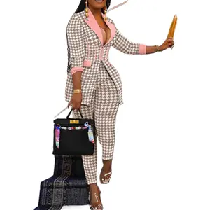 Print Notched Collar Zip Front Flap Detail Corset Slit Coat and Elastic Waist Slim Fit Pants Set Blazer Set