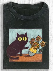 1pc, 230g Naughty Kitten Print | High-Quality Batik Retro Fashion Brand, Thick, Easter Limited Edition, Suitable for Spring, Easter Gift, Crew Neck, Regular Fit