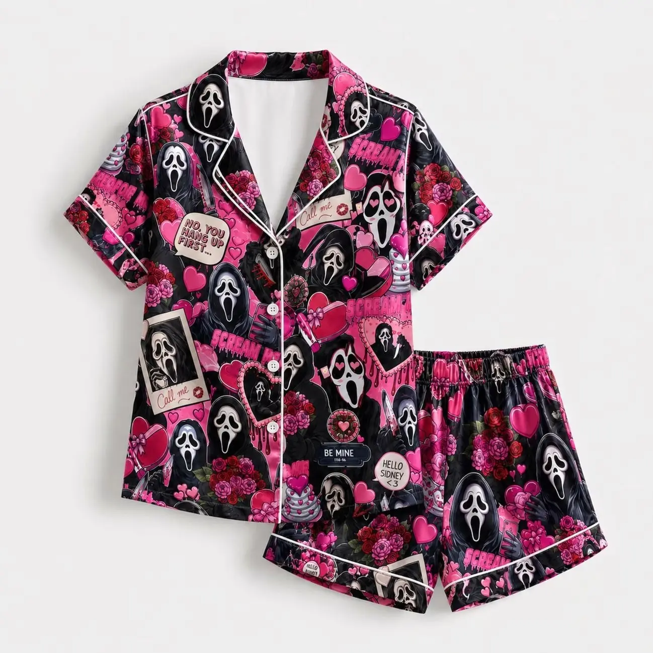 Ghostface Valentine Satin Pajama Set, Pink Horror Pajamas, Cute Spooky Sleepwear, Gothic Valentine's Gift