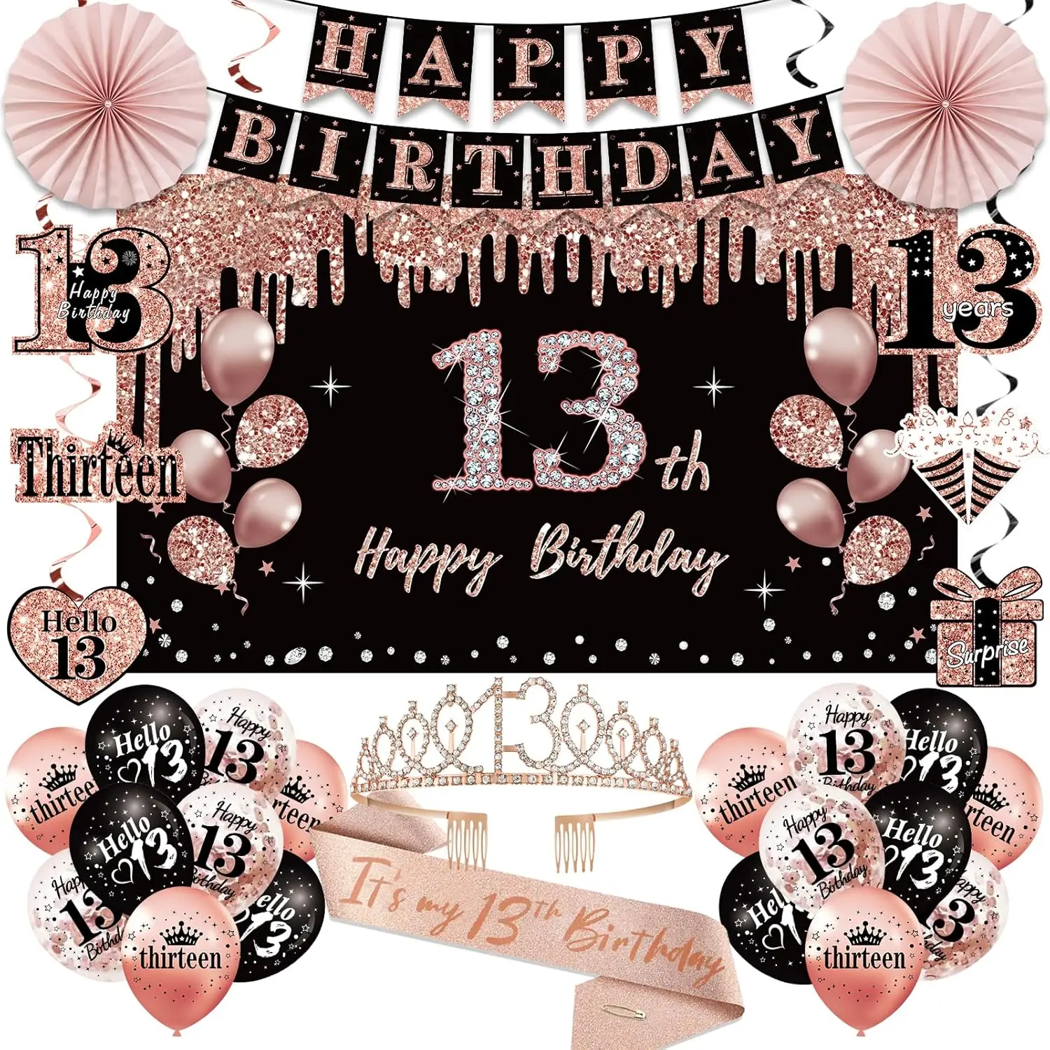 80th Birthday Decorations for Women, 33pcs 80th Birthday Crown and Sash, Black Rose Gold Happy 80th Birthday Banner Balloons Backdrop Hanging Swirls Paper Fans, 80 Years Old Birthday Decorations Kit