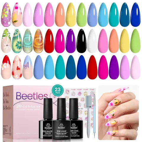 Beetles Gel Nail Polish Set - 20 5ml Color-Run Shades (Including Blue Gel Nail Polish), 3 Pcs Base & Top Coat, Brush & Wipe, Selfcare Kit for Daily Use, Mom Gift