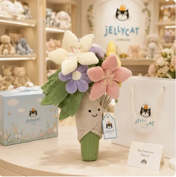 Authentic Jellycat Amuseables Flower Bouquet Plush with Gift Bag - Soft Floral Stuffed Toy, Cute Gift for Her, Birthday, Room Decor