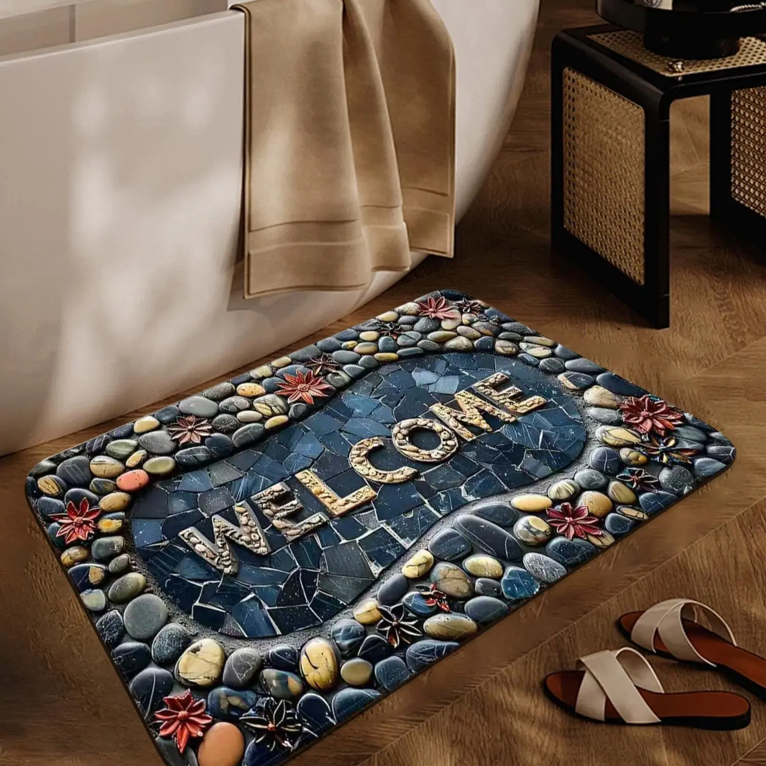 Welcome algae mud pad with "WELCOME", goose soft stone beach style, easy to clean, washable, non-slip and soft, not easy to pollute, suitable for home and kitchen Rug