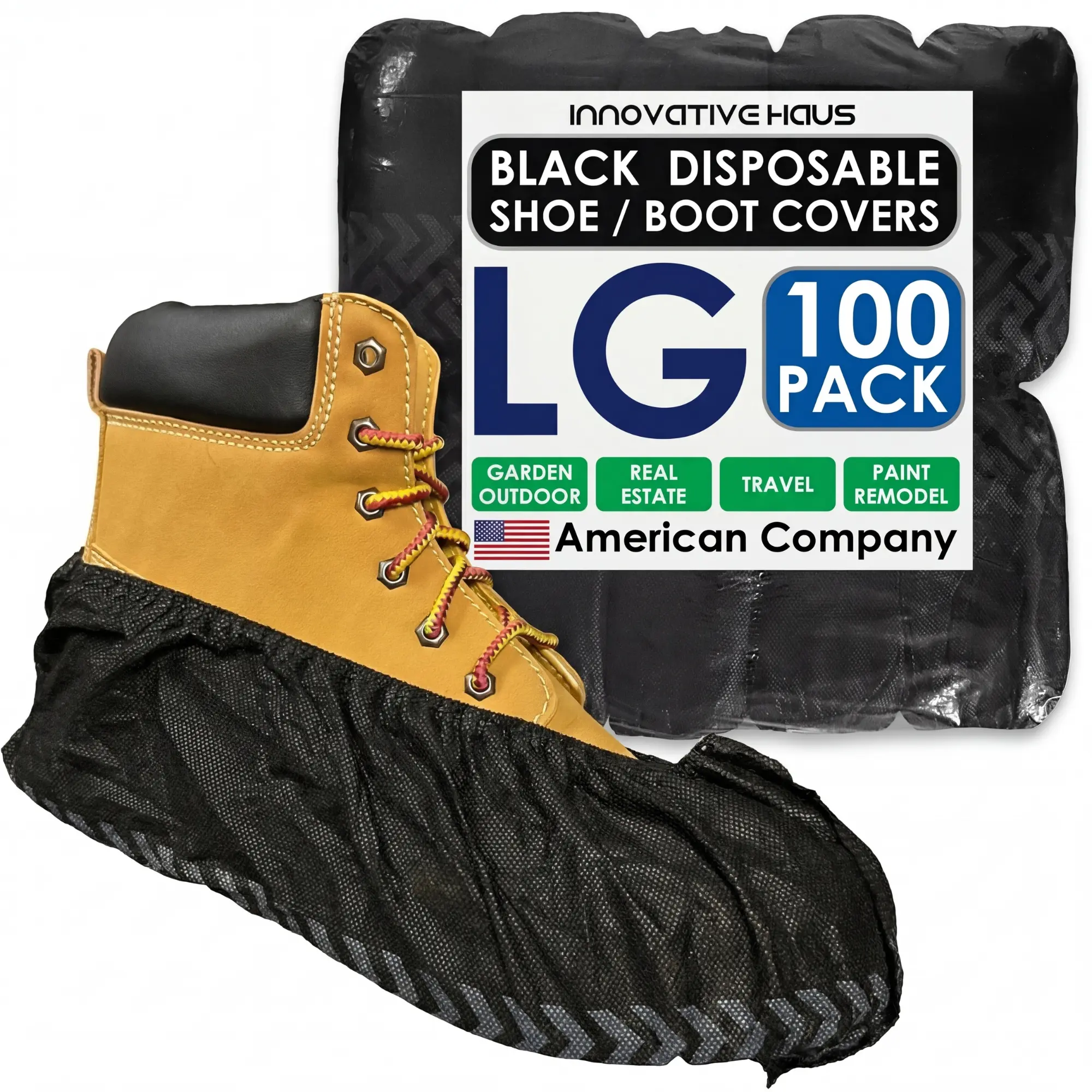Innovative Haus 100 Pack (50 Pairs) Black Large Disposable Boot and Shoe Covers Disposable - Indoors Reusable Booties for Shoes Covers - Non Slip Treads - Fits US Men's 10 and Women's 12