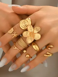 8Pcs.Women's Geometric Flower Design Open Ring Set, Cute Zinc Alloy Material Finger Rings, All Seasons Wear Fashion Jewelry, Unique Personalized Boho Influence Style