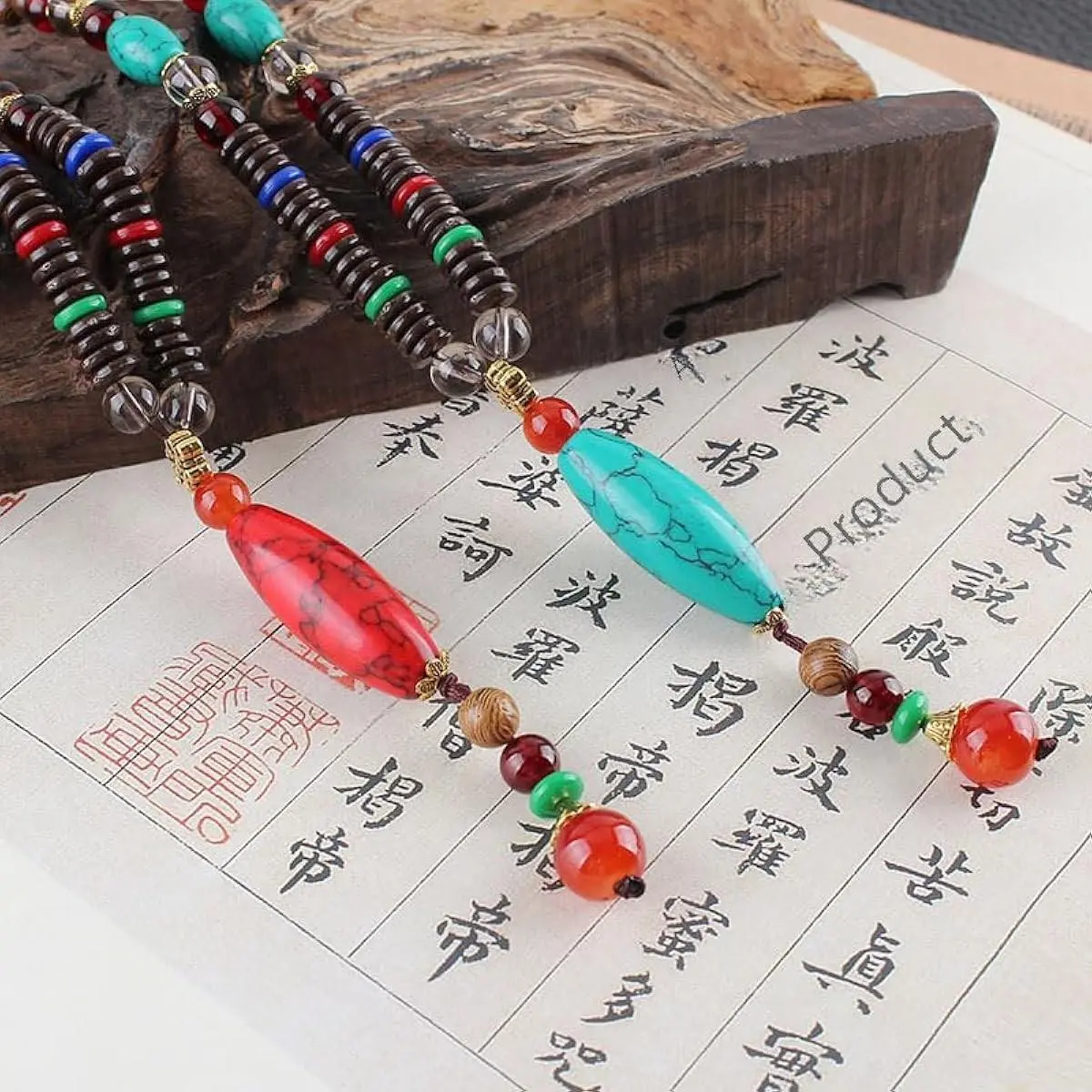 Handmade Nepal Wood Bead Mala Pendant Necklace Ethnic Long Jewelry