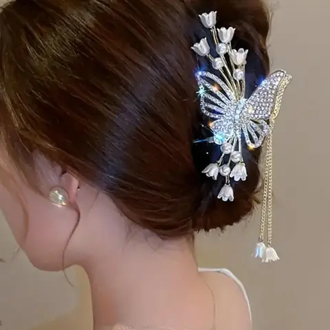 Women's Elegant Rhinestone & Faux Pearl Decorated Hair Claw, Exquisite Trendy Hair Claw with Butterfly & Flower Design, Fashionable Floral Hair Accessories for Women & Girls, Wedding Hair Decor, Bride Hair Accessory, Hair Clip, Super Cute Clips