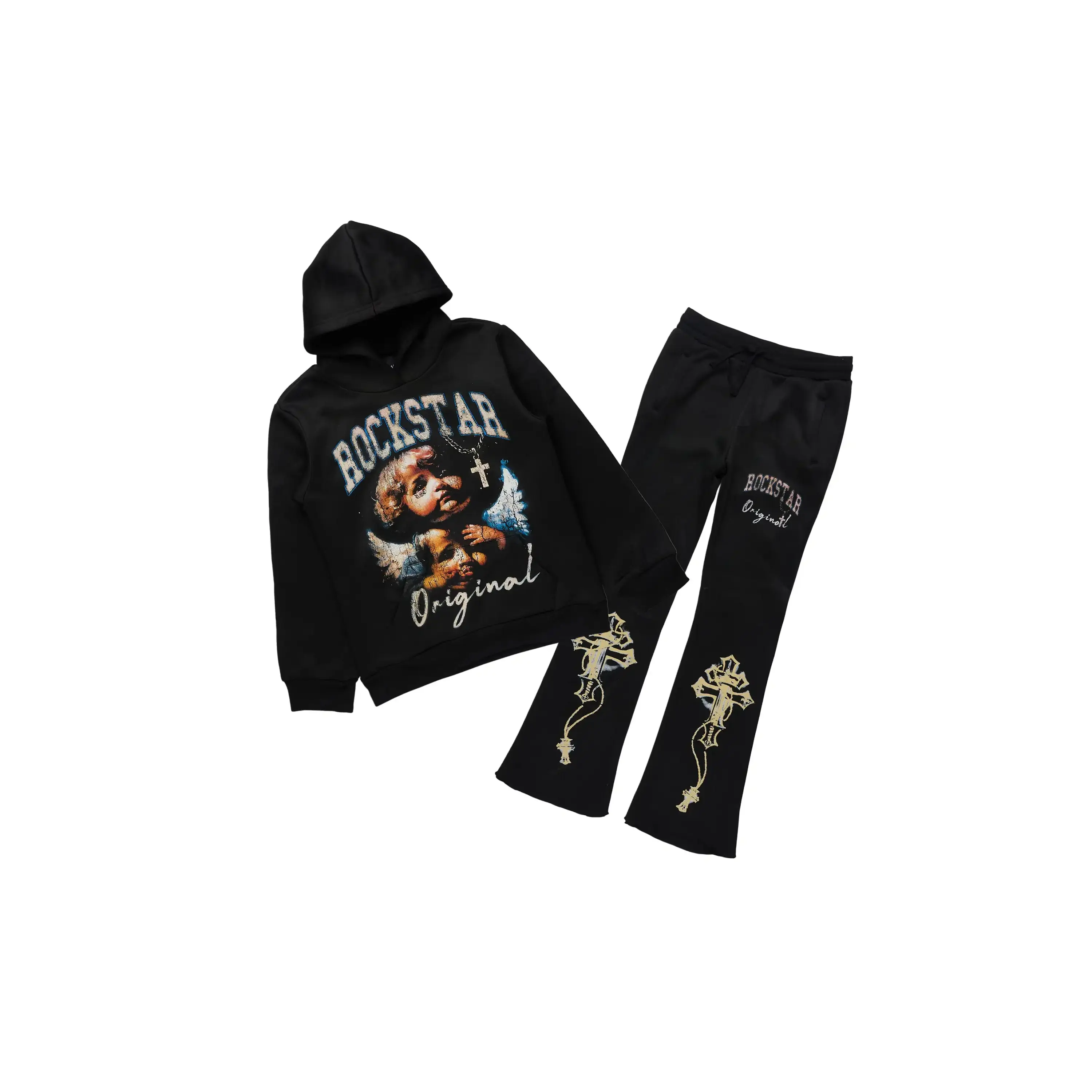 Boys Deiter Black Hoodie/Stacked Flare Track Set