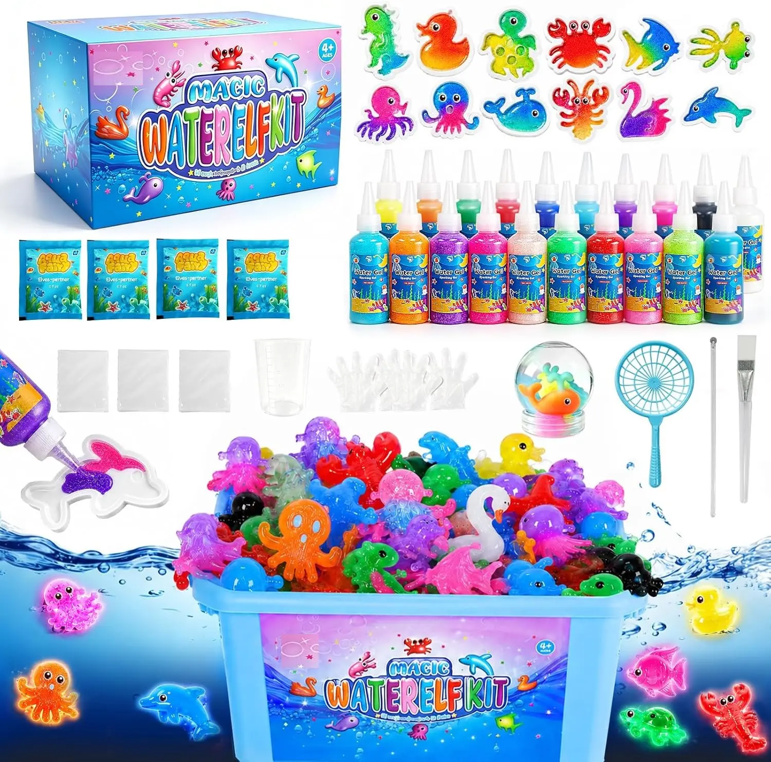 Magic Water Elf Toy Kit - Kids' Squishy Sensory Toy, 20 Gels, 10 Molds, DIY Craft Kit, Party Favors, Birthday Gifts for Kids Ages 3+
