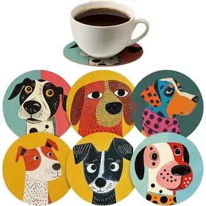 Wood Coasters Set of 6 - Handcrafted Drink Coaster Thick Heat-Resistant for Office, Bar, Farmhouse - Cute Dog Drink Cup Coasters for Table Protection