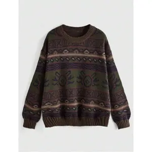2*Women's Geometric Pattern Drop Shoulder Sweater Knitwear Oversized Long Sleeve Round Neck Sweater Casual Comfortable Fit Women's Clothing