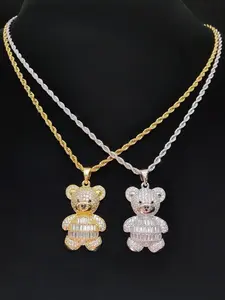 Artificial Zircon Bear Animal Pendant Necklace, Cubic Zirconia Pendant, Sparkling CZ Necklace, Stainless Steel Twisted Chain, Unisex Hip Hop Punk Jewelry, Fashion Vintage Accessory