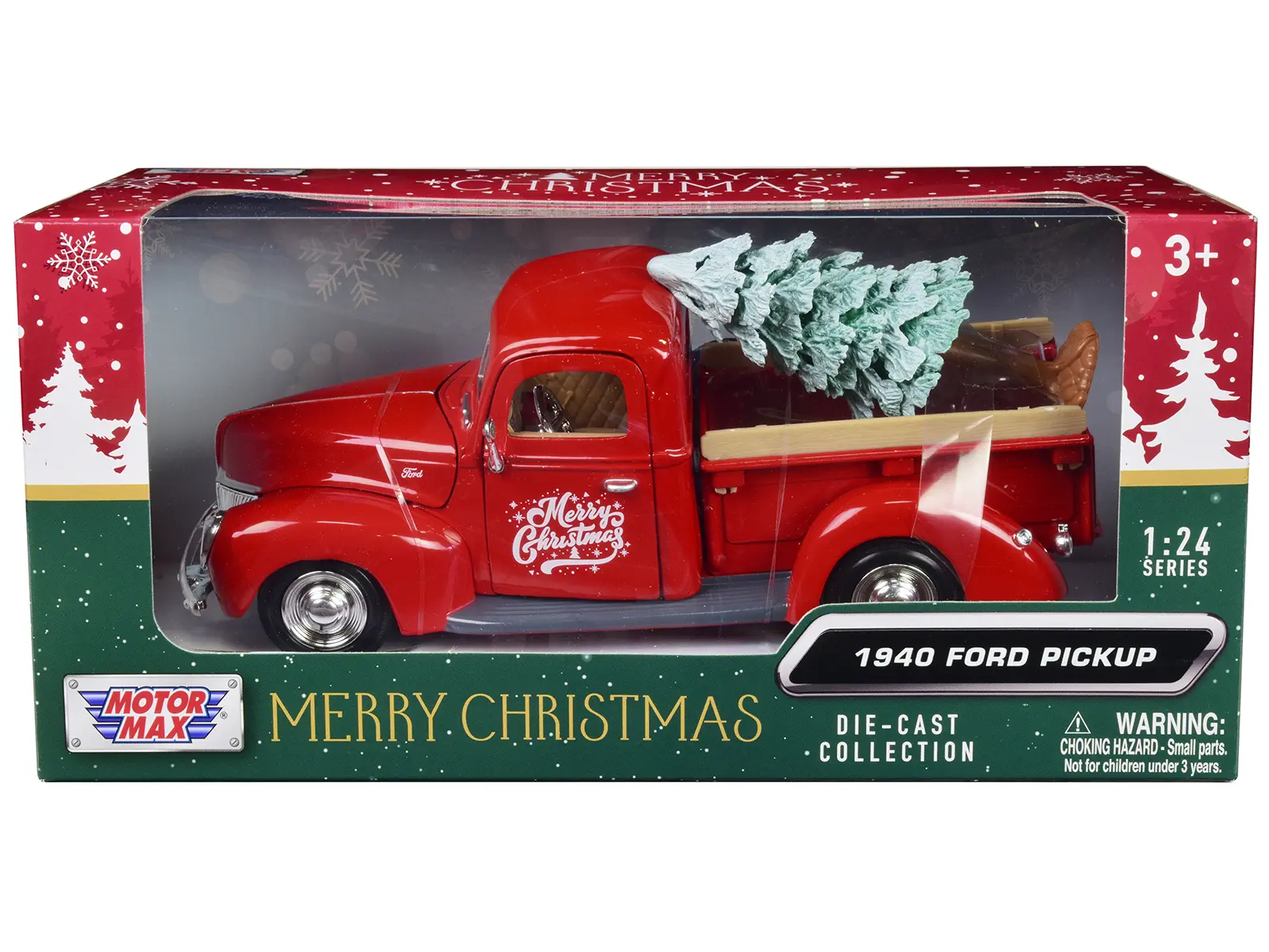 1940 Ford Pickup Truck Red "Merry Christmas" with Tree Accessory 1/24 Die Cast Model Car by Motormax