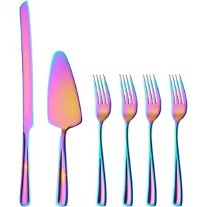 Rainbow Cake  and Server Set with Forks, 6 count Stainless Steel Cake  Set, Colorful Wedding Cake  Set including 4 Salad Forks, Dishwasher Safe
