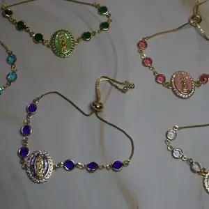 Virgin Mary Adjustable Bracelets for Women with Colorful Stones and Gold Accents