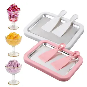 Rolled Ice Cream Maker Kit – Stainless Steel Freezing Plate with 2 Spatulas, No Power Required – DIY Tray for Homemade Rolled Ice Cream, Perfect for Yogurt, Sorbet, Gelato, Family Fun at Home