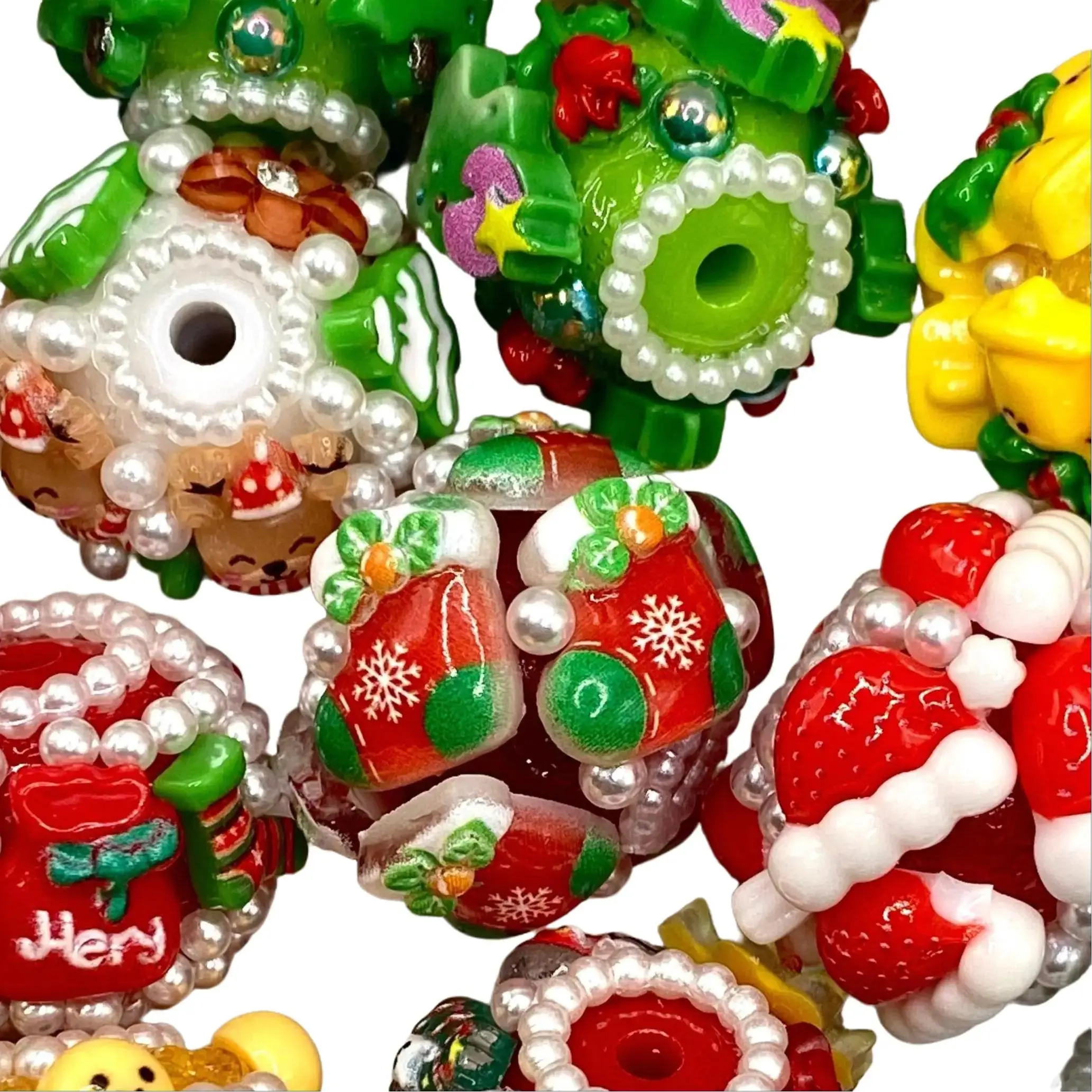 5pcs Christmas 3.0 Fancy Flower Beads-  Diy Beading Accessories Jewelry Making Supplies Festive Crafting