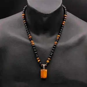 Virelyn B 1 Piece Fashionable Retro Natural Tiger's Eye Geometric Pendant Adjustable Beaded Necklace Men's and Women's Daily Wear Jewelry Gifts
