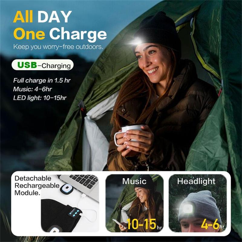 Bluetooth Beanie with a Light, Unisex USB Rechargeable 4 LED Flashlight Hat with Cordless Headphones, Unique Christmas Birthday Gifts for Men Him Husband Teen