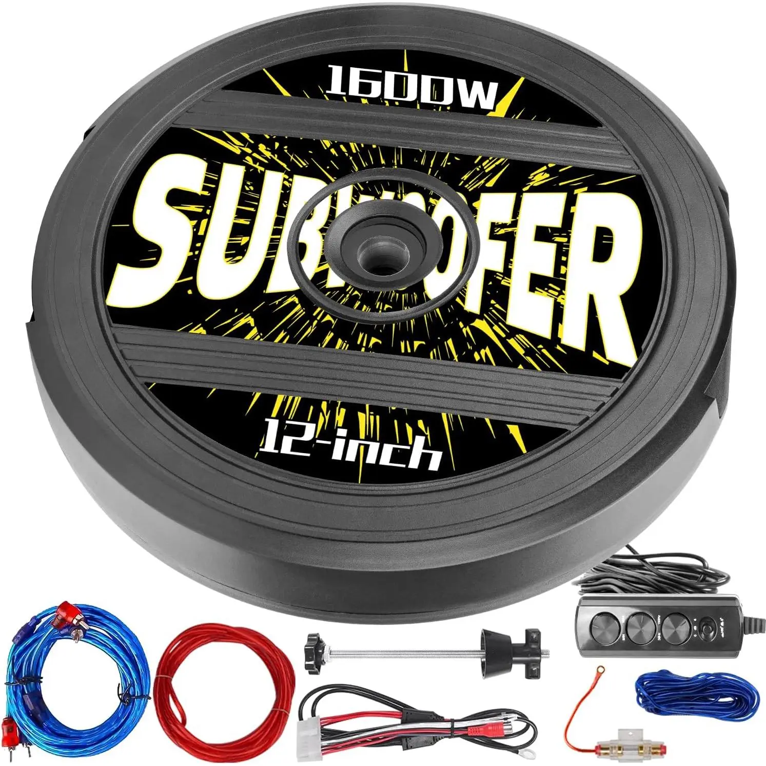 12" Active Spare Tire Subwoofer - 1600W Power, Plug & Play Car Subwoofer with Remote Control |   Specifically Designed for Spare Tire Well |   Deep Bass Car Amplifier Audio System, Easy Installation