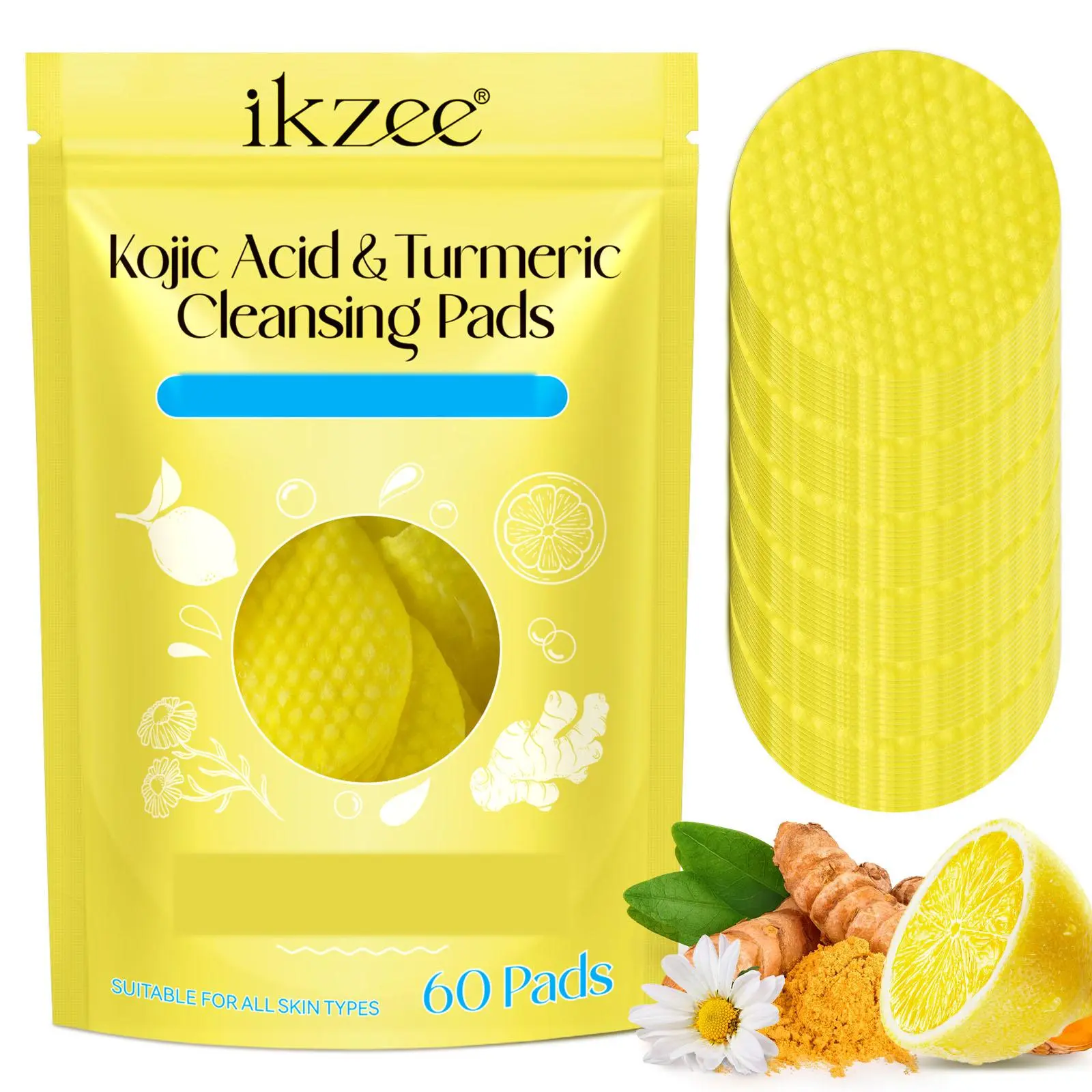 ikzee Kojic Acid & Turmeric Exfoliating Pads, Hydrating Face & Body Wipes for Smooth Skin and Even Tone, For Normal Skin, 60 Pads Set, Moisturizing, Smooth Skin Routine campingessentials