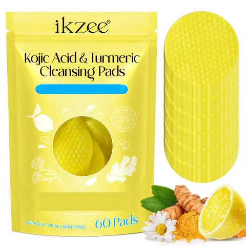 ikzee Kojic Acid Pads - 60 Turmeric-Infused Cotton Exfoliator Face Scrub & Peel Wipes, UK-Made Makeup Remover Cleanser with Pouch for Normal Skin, 100g, Hydrating, Tone Evening, Dark Spot Correction, No Harmful Additives