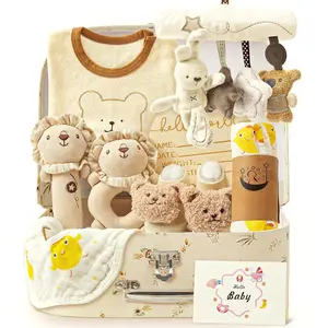 9pcs Newborn Baby Gift Baskets  Boys Girls Baby Shower, 2 Rattle/Seat Hang Toy/Blanket/Bodysuit/Bib/ 3D Socks/Wood Milestone/Carry Box, Neutral New Born Essential Stuff Unisex Baby Gifts Boy