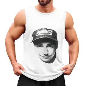 Retro 90s Baseball Cap Portrait Men's Tank Top - Grunge B&W Print Polyester Sleeveless Vest, Nostalgic Streetwear Casual Workout Muscle Shirt, Vintage Y2K Aesthetic Summer Top