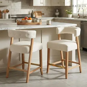 【Summervibes】CHAIRUS 27" H Barrel Counter Height Bar Stools Set of 2, Velvet Upholstered Counter Stools with Wood Legs Modern Kitchen Barstools for Kitchen Island Dining Room Bar, Beige