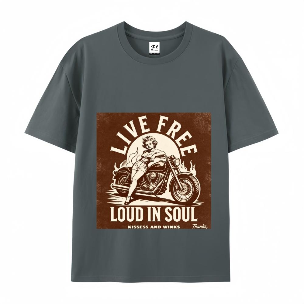 Live Free Loud In Soul Retro Biker Graphic Tee Vintage Motorcycle Pin Up Print Casual Streetwear For Men