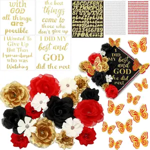 35 Pcs DIY Graduation Cap Decorations Kit, Include Faux Flower 3D Butterfly Graduation Quote Glitter Sticker Pearl Rhinestone for Grad Hat Topper Cover Craft Gift(Black,Red,Gold)
