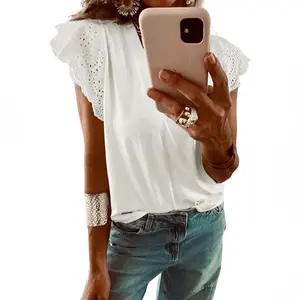 Eyelet Embroidered Flutter Sleeve Patchwork V Neck Tee