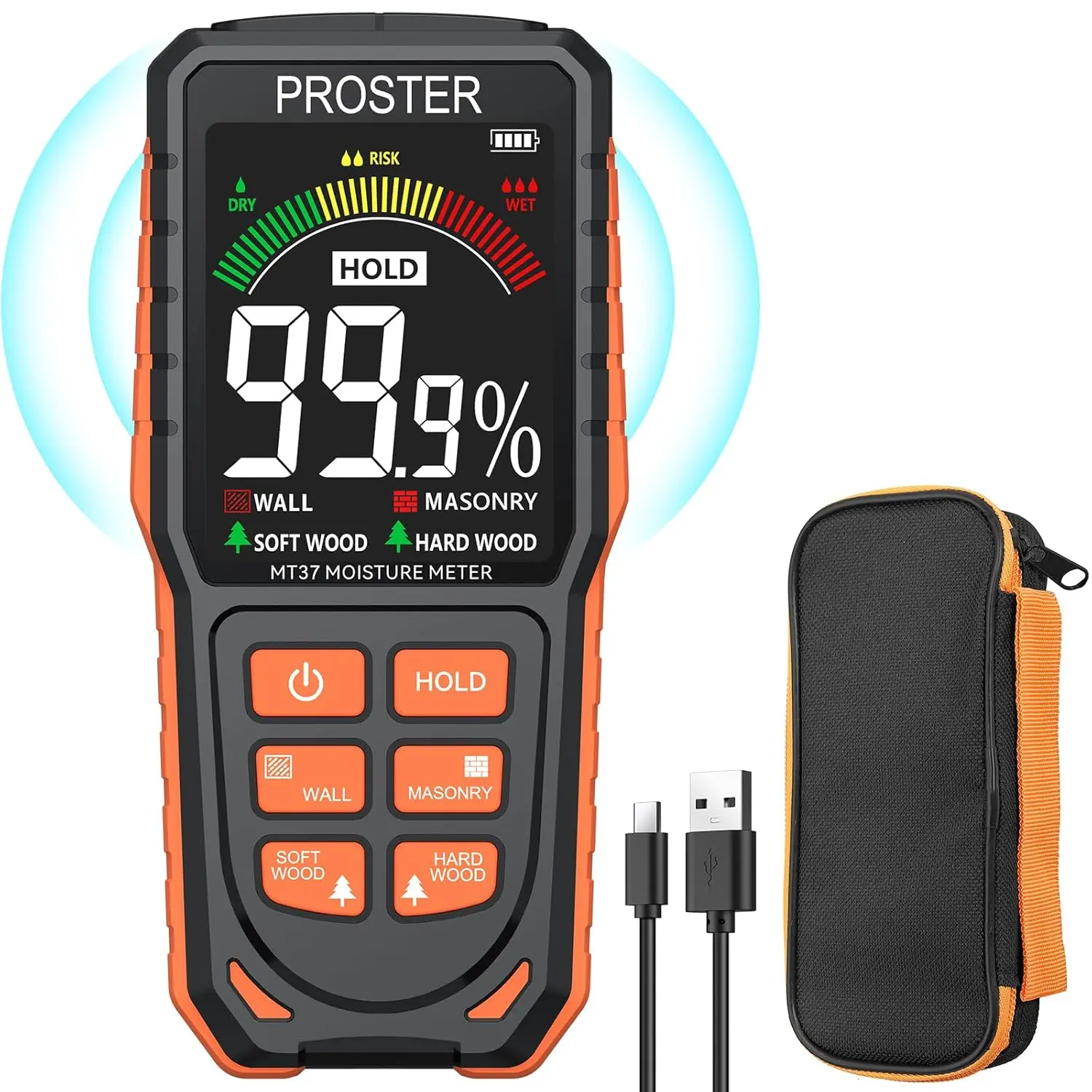 Proster Pinless Wood Moisture Meter - Non-Destructive Moisture Detector for Wood, Wallboard, and Masonry - Mold Moisture Tester Detects up to 3/4 Inch Below Surface - Visual/Audible Alarm - Includes Storage Case
