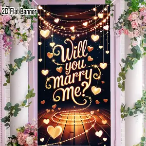 2D flat banner, 1pcRomantic Proposal Backdrop, Will You Marry Me Heart Fairy Lights Decor for Marriage Proposal Decorations