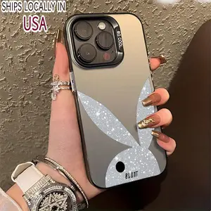 Phone Case>iPhone case>for iPhone X/ 11/ 12/ 13/ 14/ 15/ 16 Pro Max|Chrome Color Phone Case|Trendy bling case for teens|Designed with Silver glitter Playboy bunny blunt logo